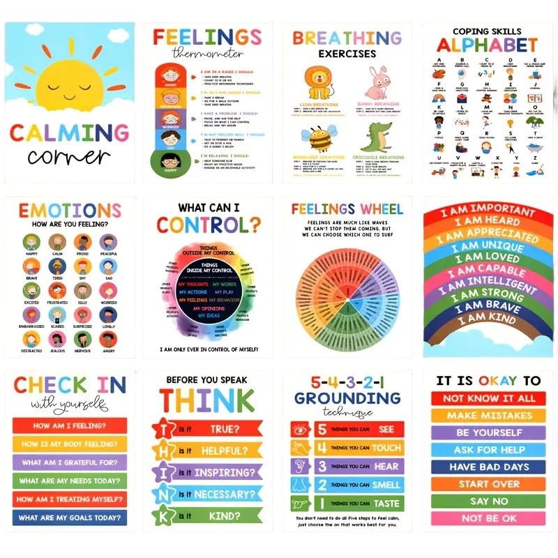 Xunzhi 12PCS Calming Corner Posters,Emotions & Feelings Chart Posters for K/ids,Emotional Regulation & Mental Health Posters,K/ids Feelings Wheel Chart Emotions Poster,Feelings Chart,Sensory Wall Art