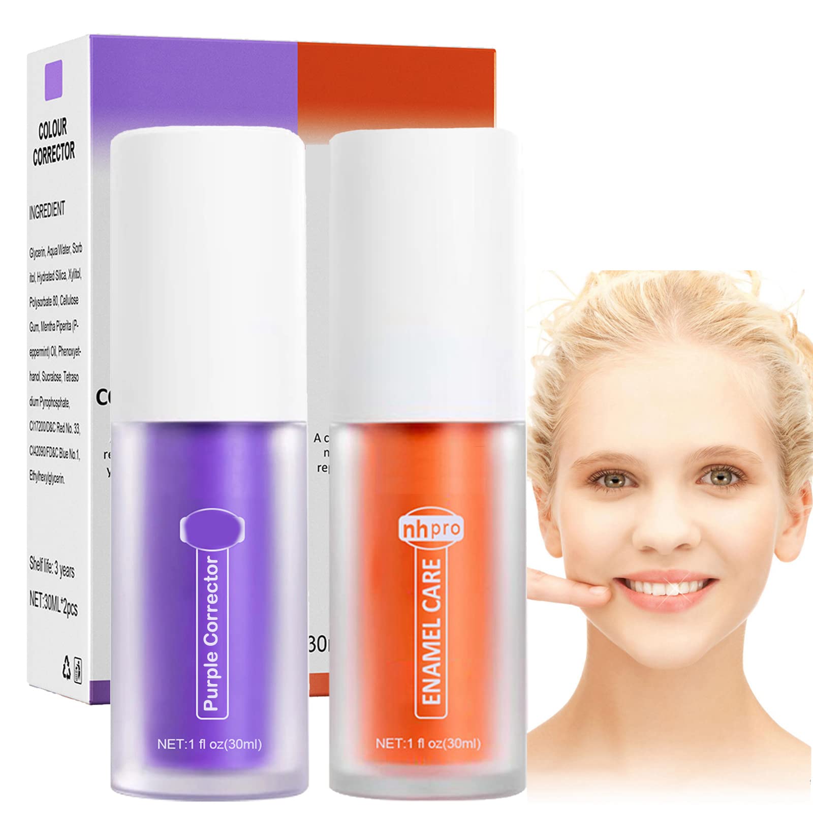 Purple Corrector Toothpaste, Purple Teeth Whitening Booste, Colour Corrector for Teeth Whitening Toothpaste, Intensive Stain Remover Reduce Yellowing Teeth for Men Women Elderly (Purple+Orange)