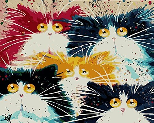 Komking Paint by Number Kit with Frame for Adults, DIY Oil Painting by Numbers with Brush Canvas, Five Colorful Cats 16x20inch