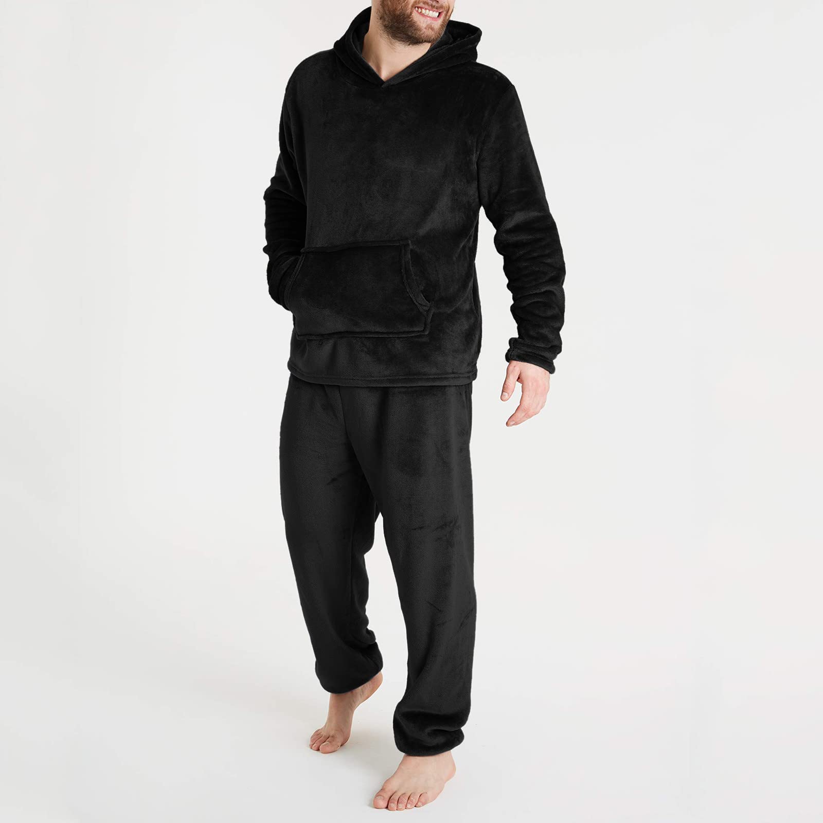 Pigiama da uomo in flanella, in pile spesso, con cappuccio e pantaloni da pigiama, in due pezzi, tinta unita, morbido, con tasca, delicato sulla pelle, con cappuccio