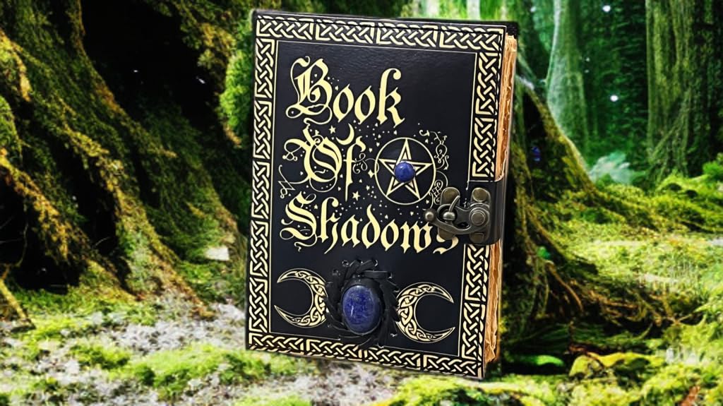 Leeres Zauberbuch der Schatten mit keltischem Lapislazuli Stein - Vintage Leder Journal mit Schloss, Grimoire Junk Journal, Leder Skizzenbuch Notizbuch, 200 Büttenseiten - Hexerei Geschenk für Sie