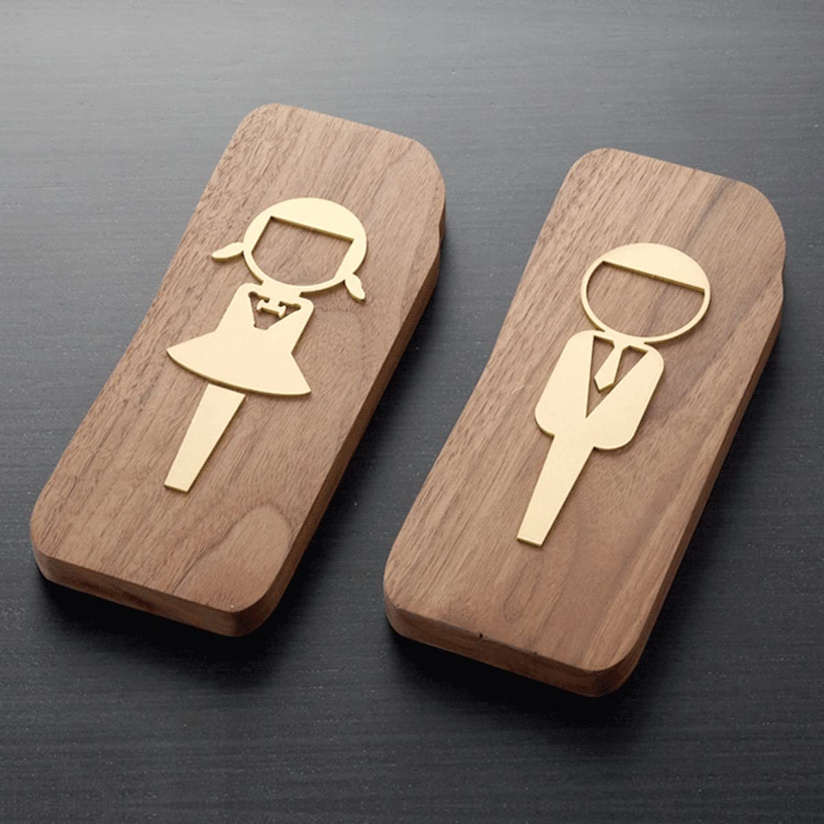 Juego de letreros for baño, figuras de niño y niña, latón nogal, paquete de 2