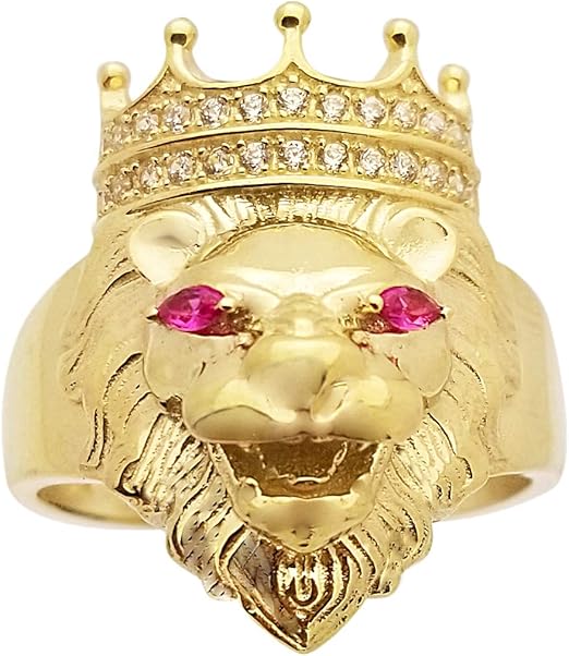Men's Lion Head Ring 10K Yellow Gold Crown Lion Face