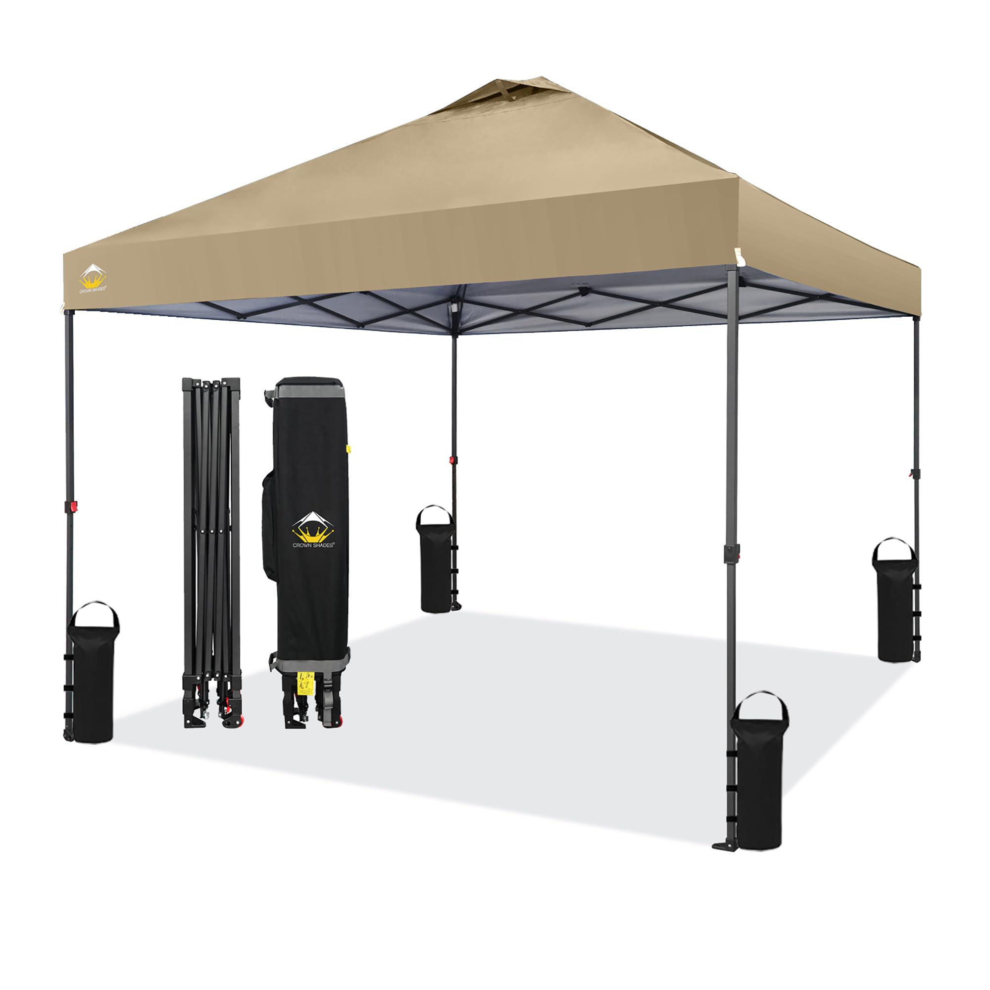 CROWN SHADES 10x10 Pop Up Canopy Tent - Patented Center Lock One Push Instant Outdoor Canopy Beach Tent with STO-N-Go Bag 8 Stakes & 4 Sand Bags，Khaki