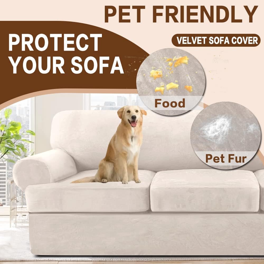 Stretch T Cushion Sofa Slipcover 3 Pieces Sofa Covers Thick Velvet Couch Cover Stretch Sofa Slip Covers Furniture Protector with 2 Individual T Cushion Washable (Ivory, Loveseat-XL)