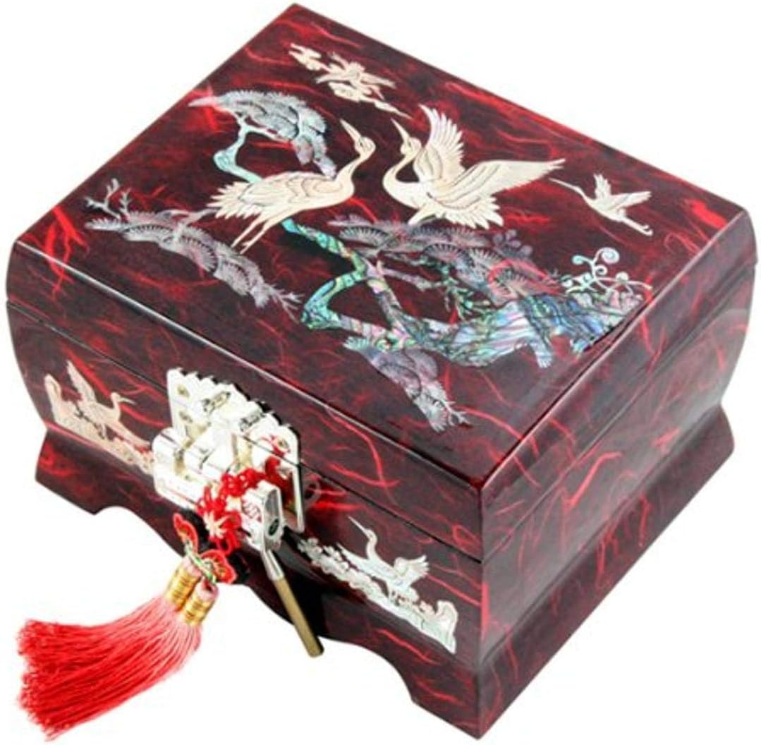 Antique Alive Mother of Pearl Inlay Design Jewelry Box Wood Jewelry Case Holder Trinket Keepsake Treasure Gift Box Chest Organizer (Music Red)