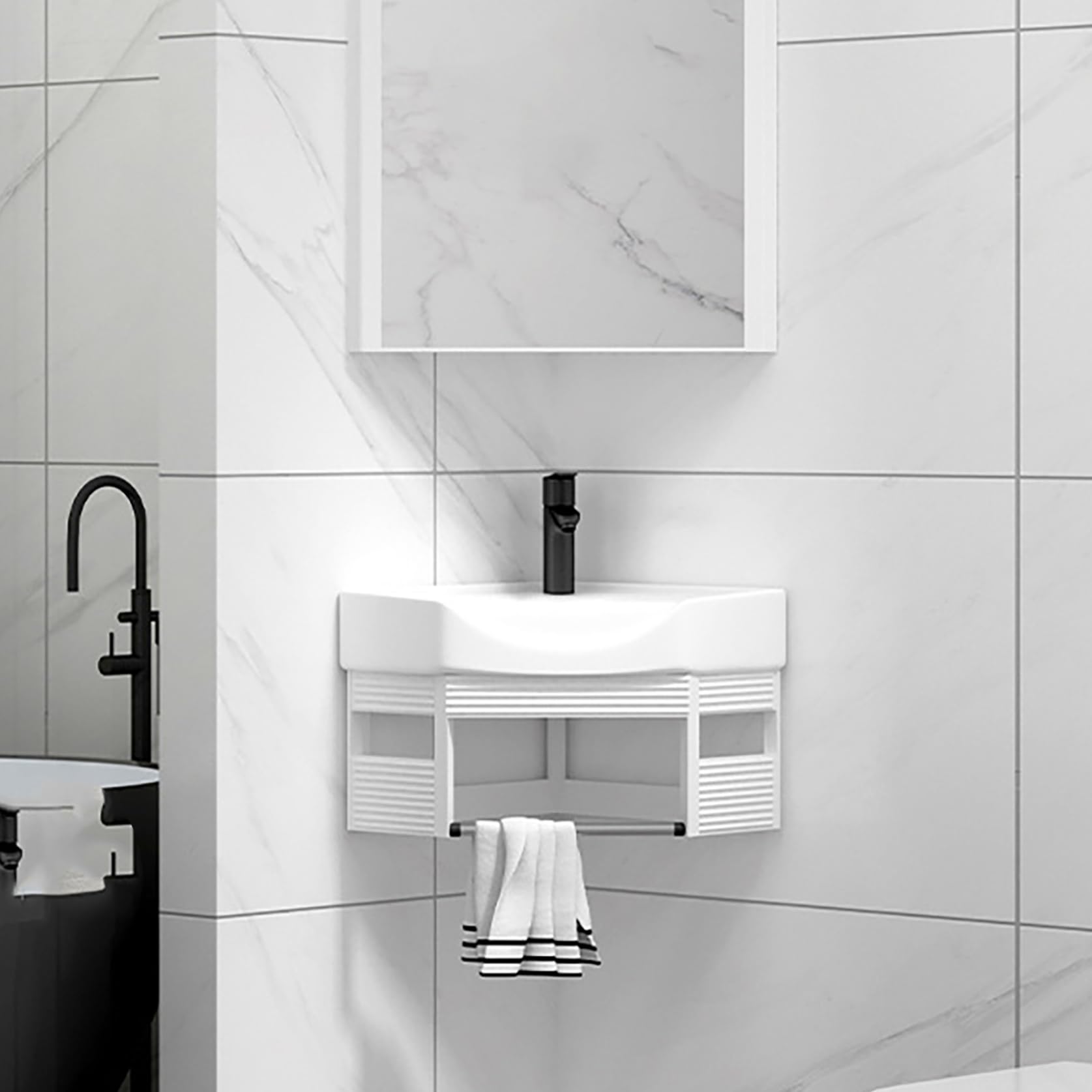 Lavabo de baño de cerámica con recipiente inferior para almacenar productos en espacios pequeños