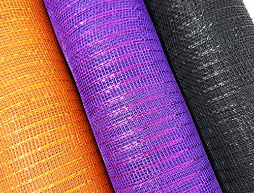 Halloween 10" x 10yds Deco Mesh Metallic Ribbon Rolls (Spooky Purple, Pumpkin Orange, Spider Black)