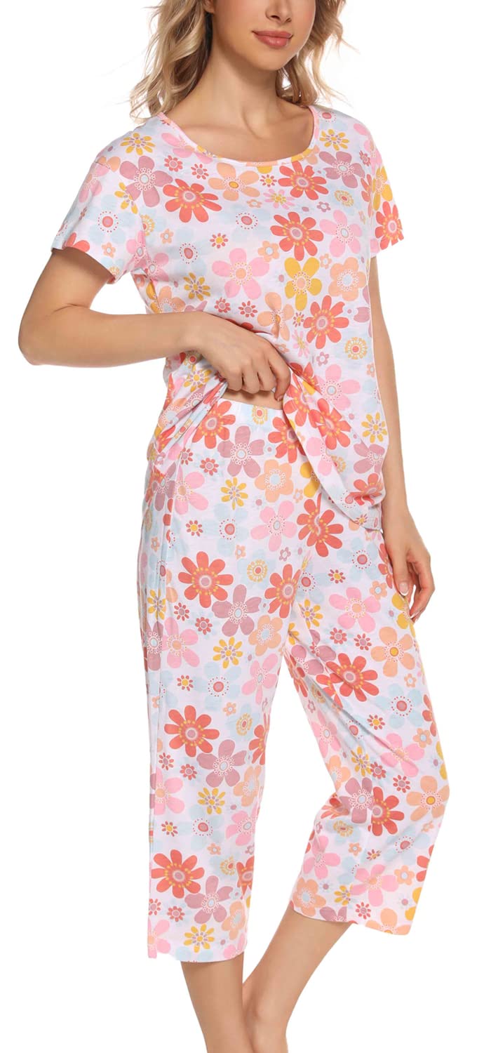 ENJOYNIGHT Pigiama da donna in cotone, a maniche corte, con pantaloni Capri, 2 pezzi