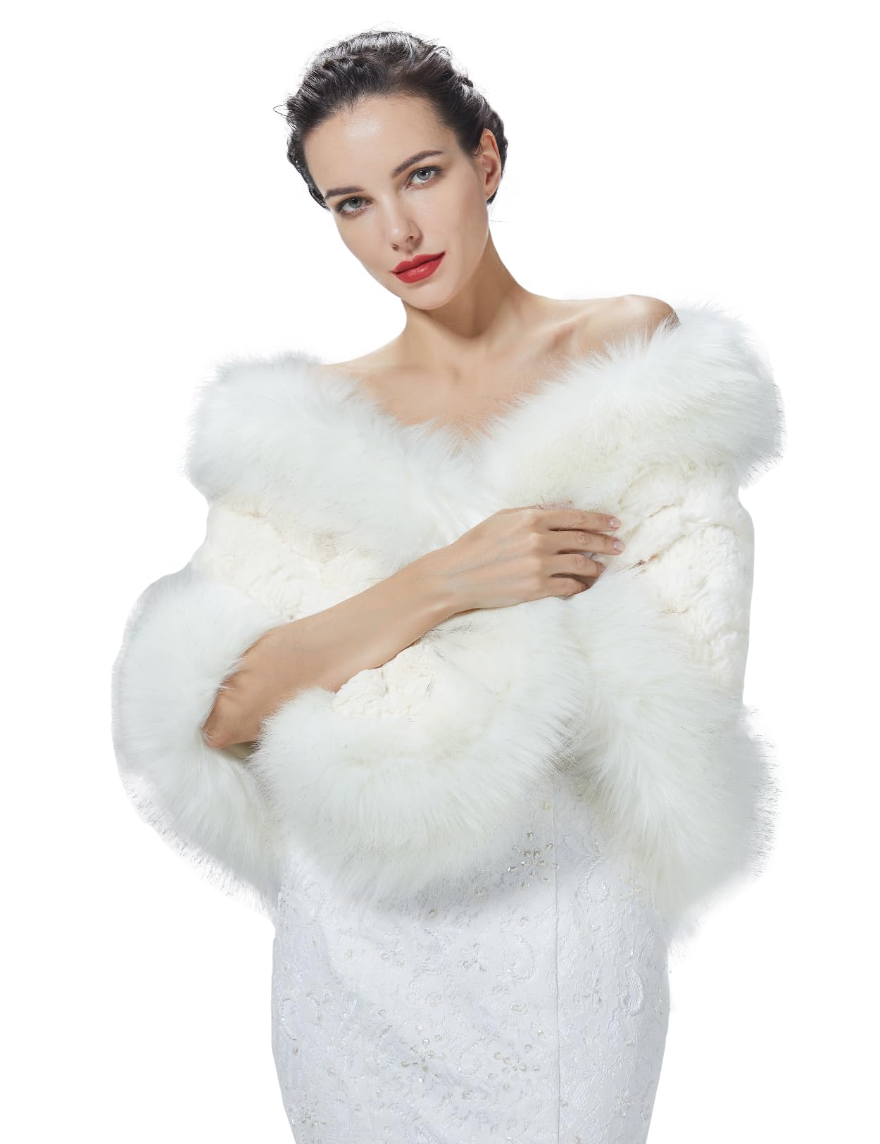 BEAUTELICATE Women's Faux Fur Shawl Wrap Stole Thicken Shrug Cover Up Cape for Winter Wedding Evening Brides Bridesmaids(One size, Off White)