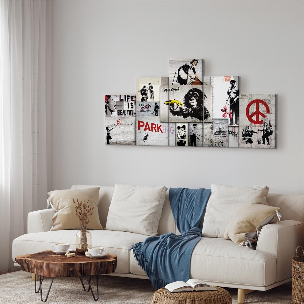Cuadros B&D XXL - Cuadro en Lienzo Banksy 200x100 cm 5 piezas - Impresión en material tejido no tejido cuadros decoracion salon modernos lienzos - street art Abstracto f-C-0138-b-m Collage