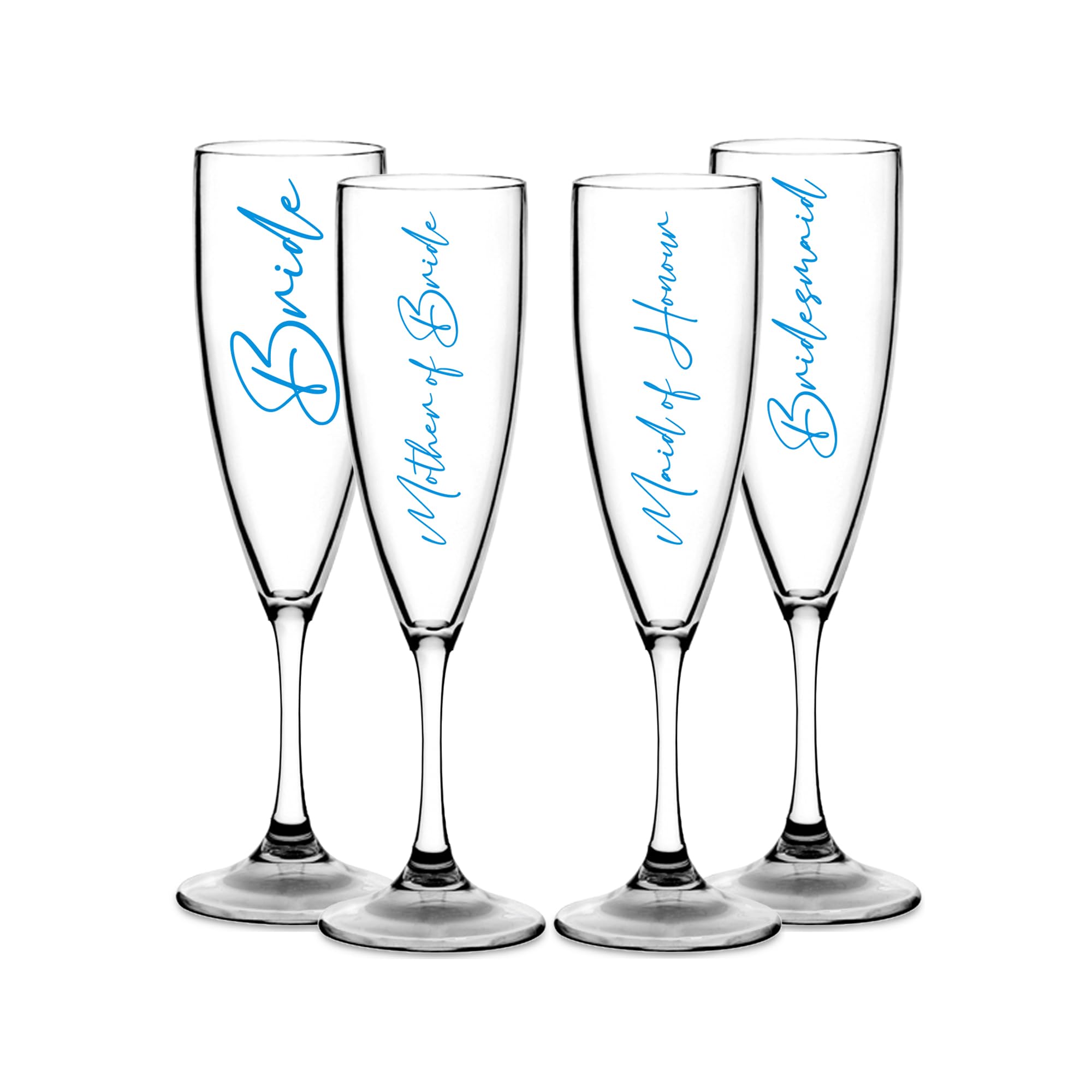 Print Maniacs Champagne Premium Clear Flute Glass Bride Groom Mr Mrs Wedding Maid Honour Wine Cocktail Prosecco Celebrations Gift (Blue, Set of 4 Brides Side Set)