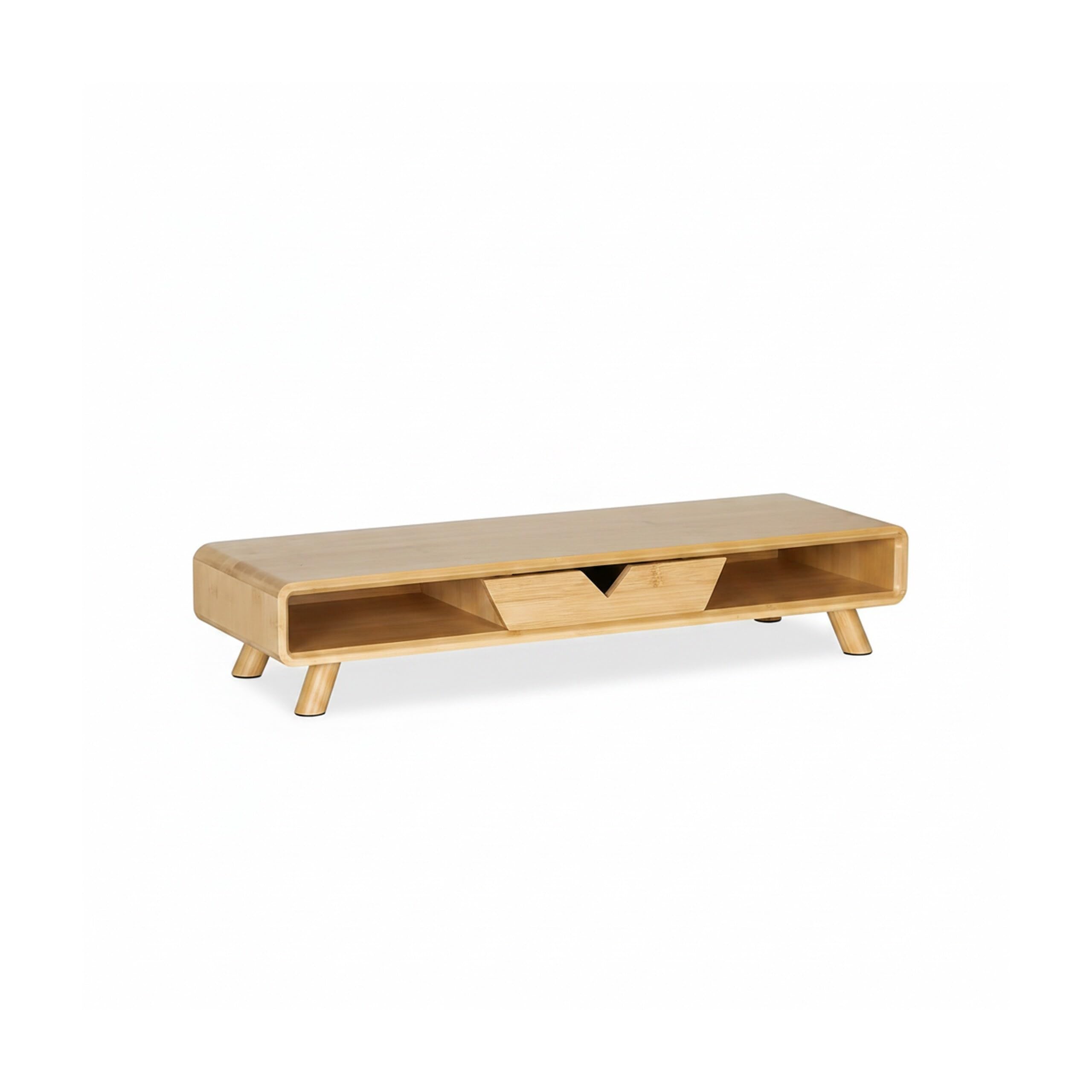 Relaxdays Soporte para monitor, 2 compartimentos y cajón, 13 x 62 x 20,5 cm, bambú, escritorio, natural