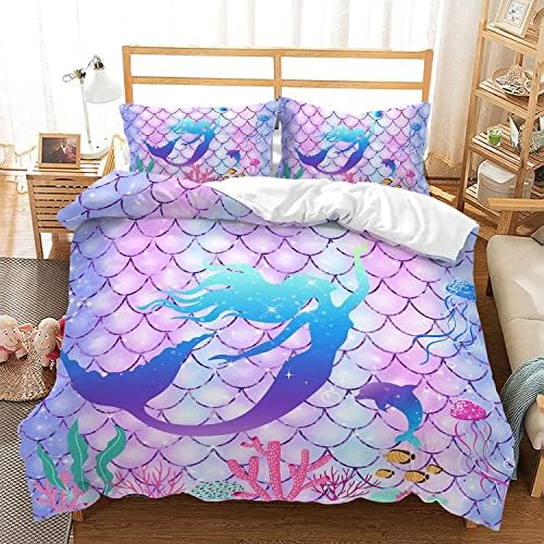 CVHOUSE Mermaid Duvet Cover Full Size,Ocean Rainbow Mermaid Bedding Set for Girls Kids Teens,Beach Rainbow Mermaid Comforter Cover,1 Duvet Cover 2 Pillowcases 3 Piece