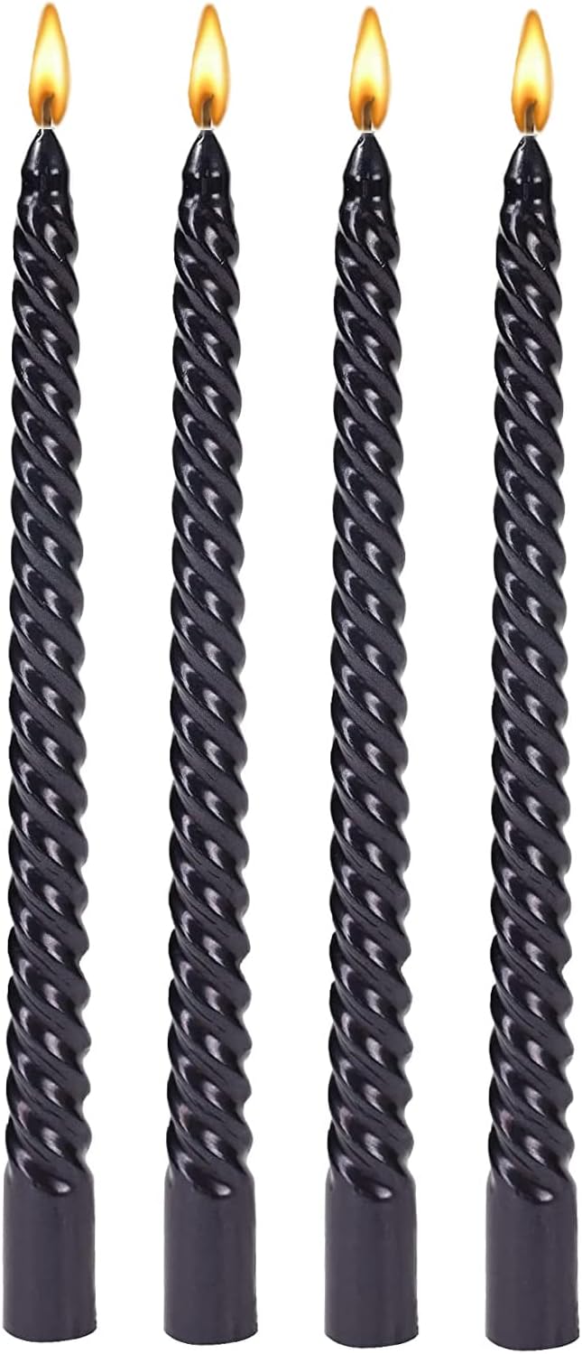 Kandelo 10 inch Taper Candles-Set of 4 Tapered Candle, Tall Candlesticks, Smokeless,Home Dinner Candle, Party, Wedding, Halloween, Christmas Candles (4, Black, 10inch)