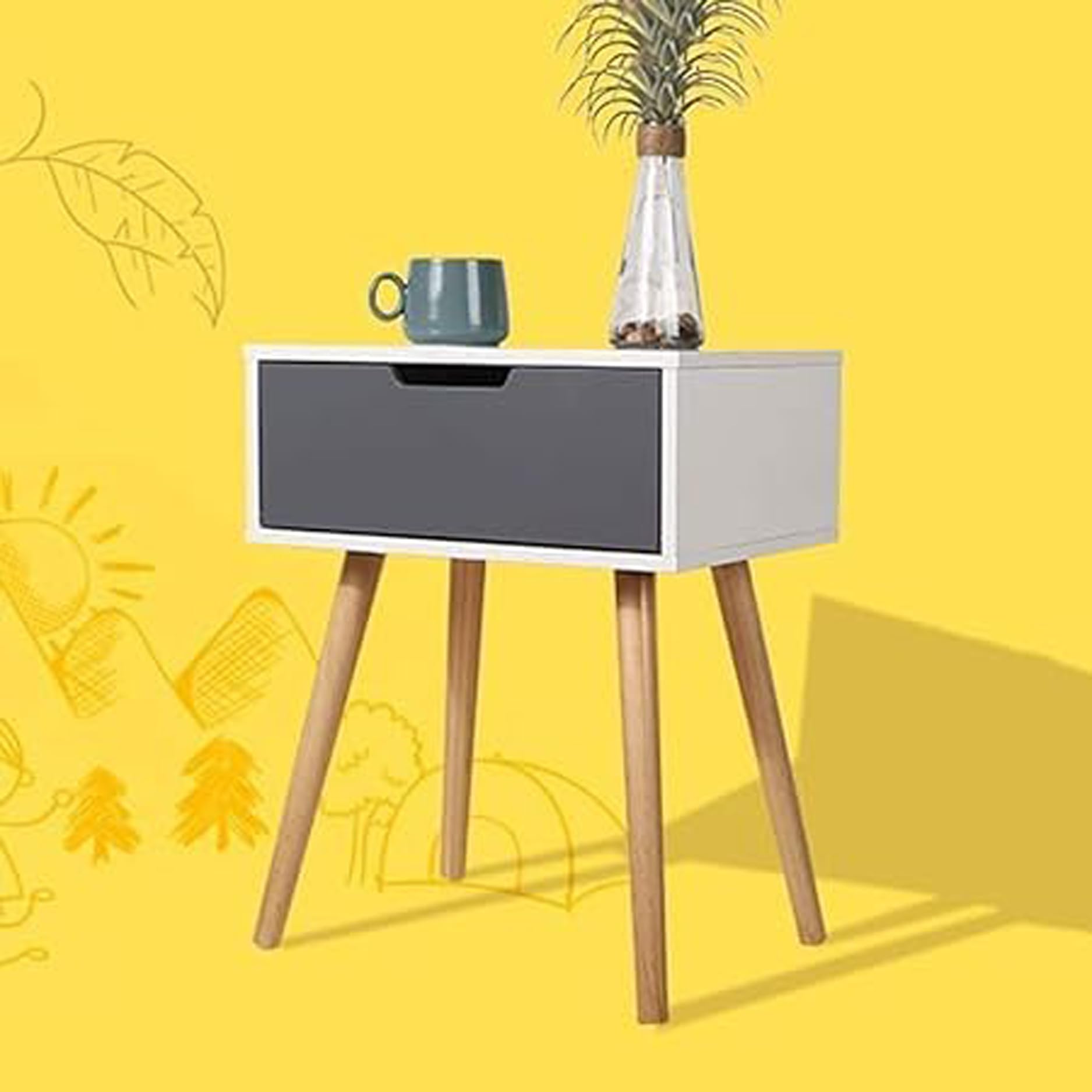 WOOYNEX Accent End Table Side Table with Drawer and Solid Wood Legs, Bedside Table for Bedrooms, Mid-Century Modern Drawer Storage Cabinet for Living Room Furniture.(White& Grey) (B0D22YY4HV) Amazon Price History, Amazon Price Tracker