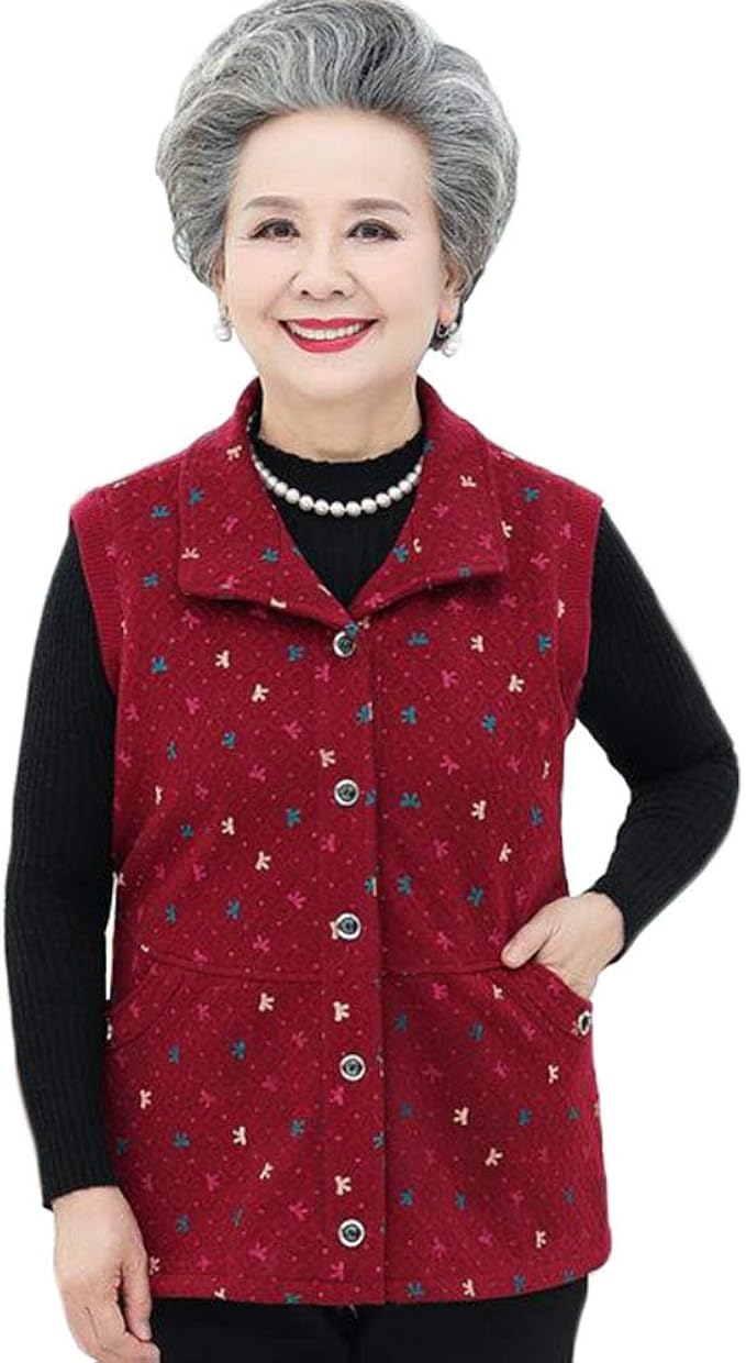 Amazon えみり レディース ベスト 厚手 プリント ジレー トップス 婦人 カーディガン アウター 折襟 ノースリーブ ポケット付き 春秋 エレガント 母の日 50 70代 大きいサイズ ベスト 通販