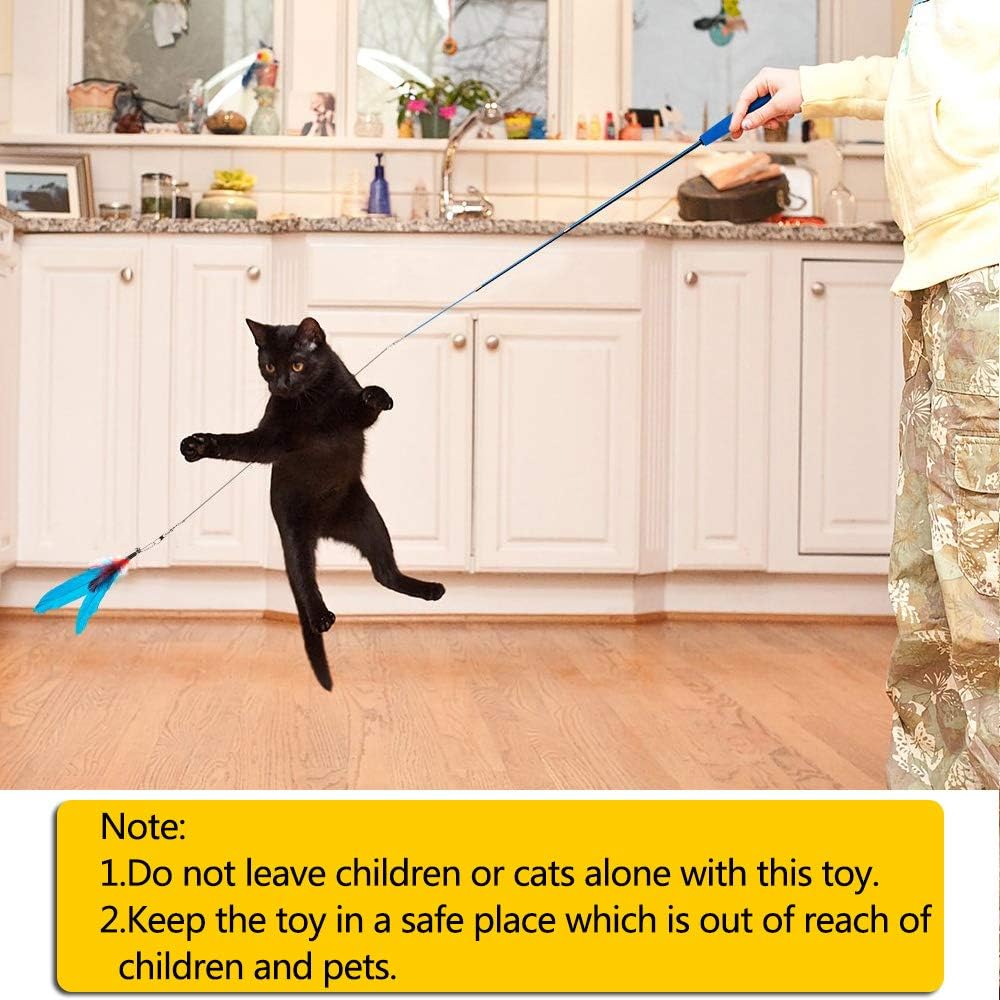 12 PCS Feather Teaser Cat Toy, 2 Pcs Retractable Interactive Cat Teaser Rods, 10 Pcs Replacement Colorful Feather Refills with Bells, Feather Dangler Funny Exercise for Indoor Cat Kitten Catcher