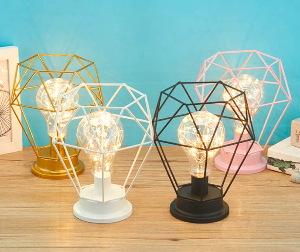 DAJIAHAO Fer Diamant Nordique Style Lampe De Table, De Fil De Fer Table De Chevet Lampe Ampoule Nuit Avec Batterie Operated Éclairage Décoratif Pour Chambre Salon Bar Hôtel,Rose