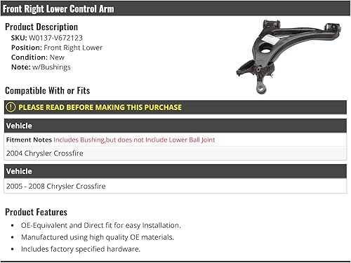 Brazo de control inferior delantero derecho del lado del pasajero con bujes - Compatible con Chrysler Crossfire 2004-2008 (W0137-V672123)