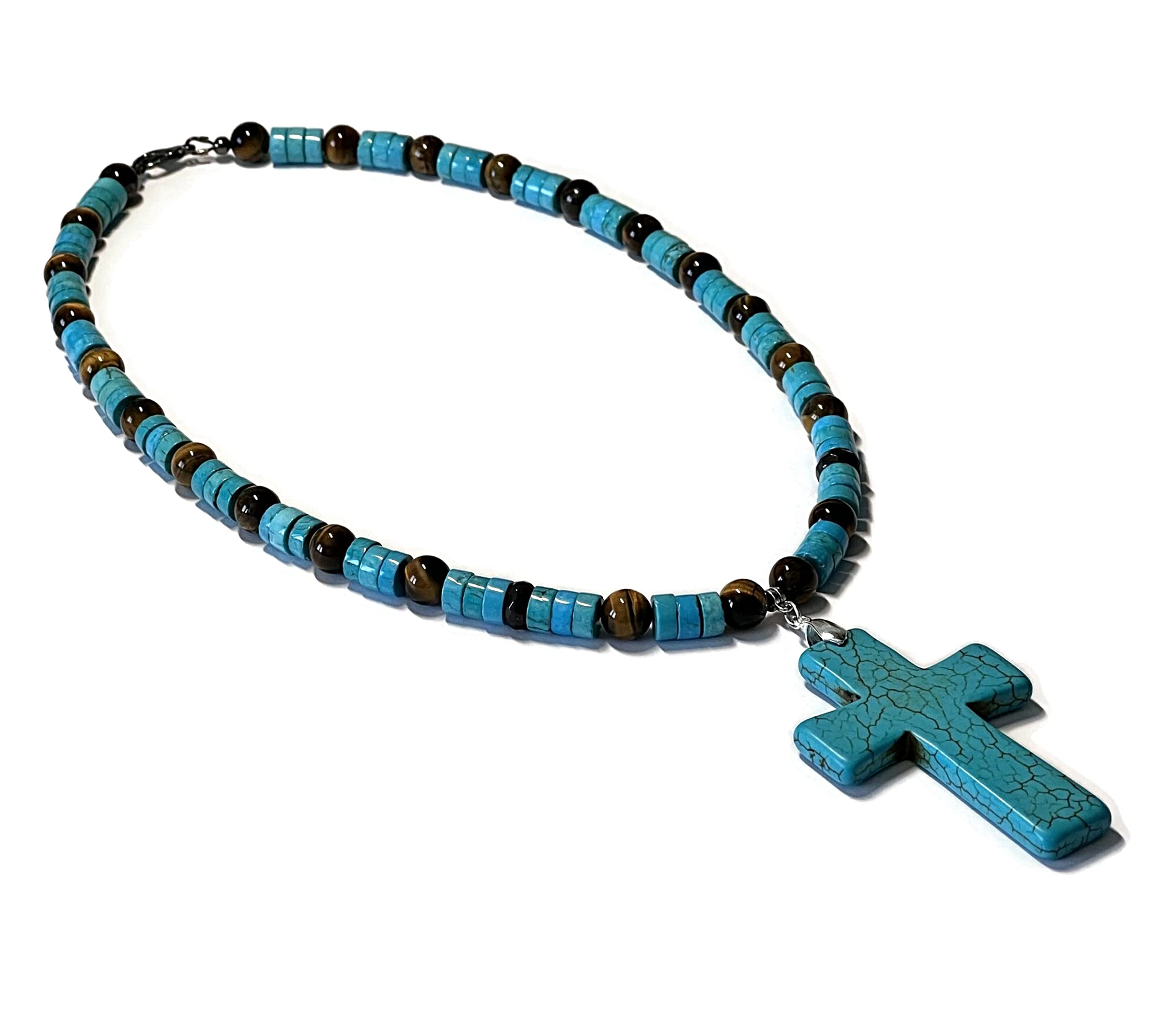 Native American inspired Boho Southwestern Turquoise Garnet Tiger Eye Handmade Beaded Necklace with Blue Howlite Cross Pendant Choker Necklace for Men