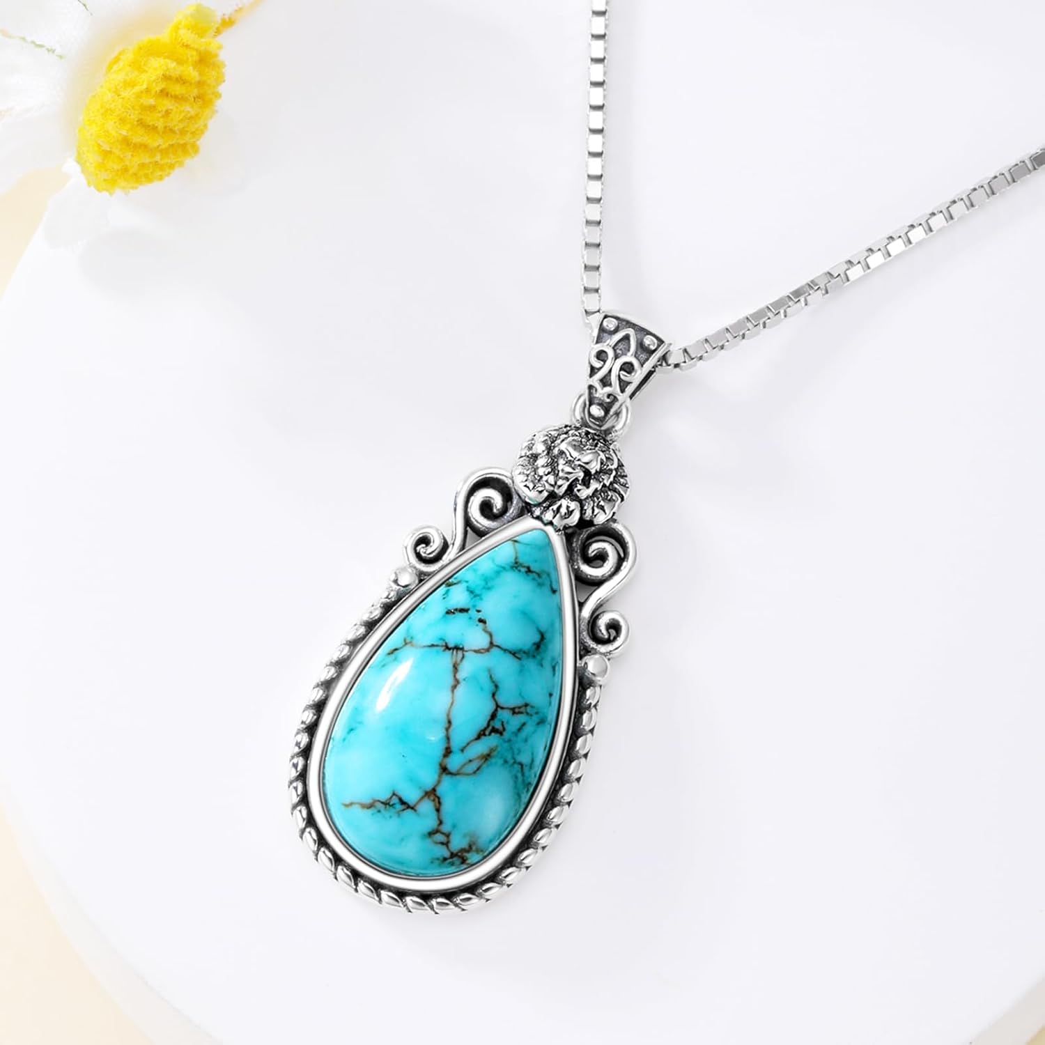 Genuine Turquoise Birth Flower Pendant Necklace, Sterling Silver Vintage Native Western Jewelry Birthdays Gift for Women