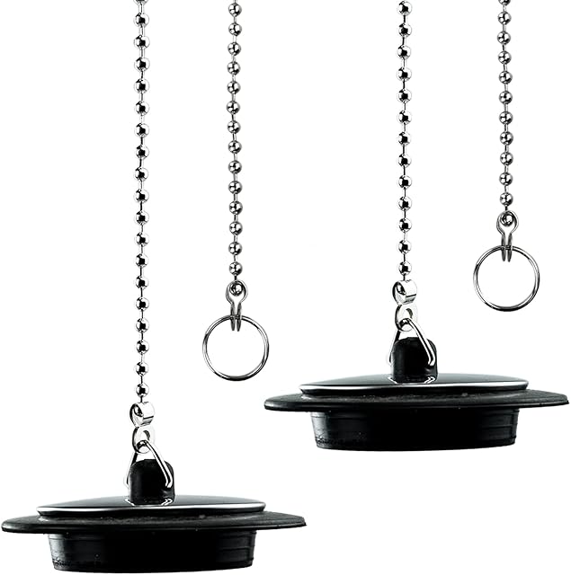 Drain Stopper, 43mm Universal Bath Plug, with Long Metal Ball Chain and Hanging Ring, Chrome & Rubber Sink Plug Drain Cover Trap Strainer Replacement for Bathtub Sink Bathroom Kitchen Home(2PCS)