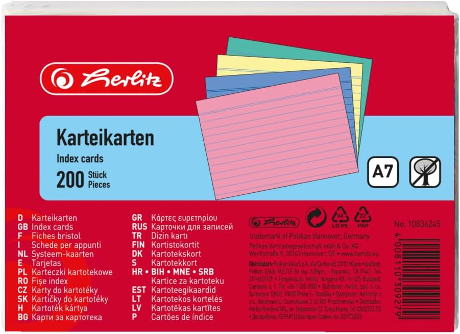 herlitz 10836245 Index Cards A7 Ruled Assorted Colours Pack of 200