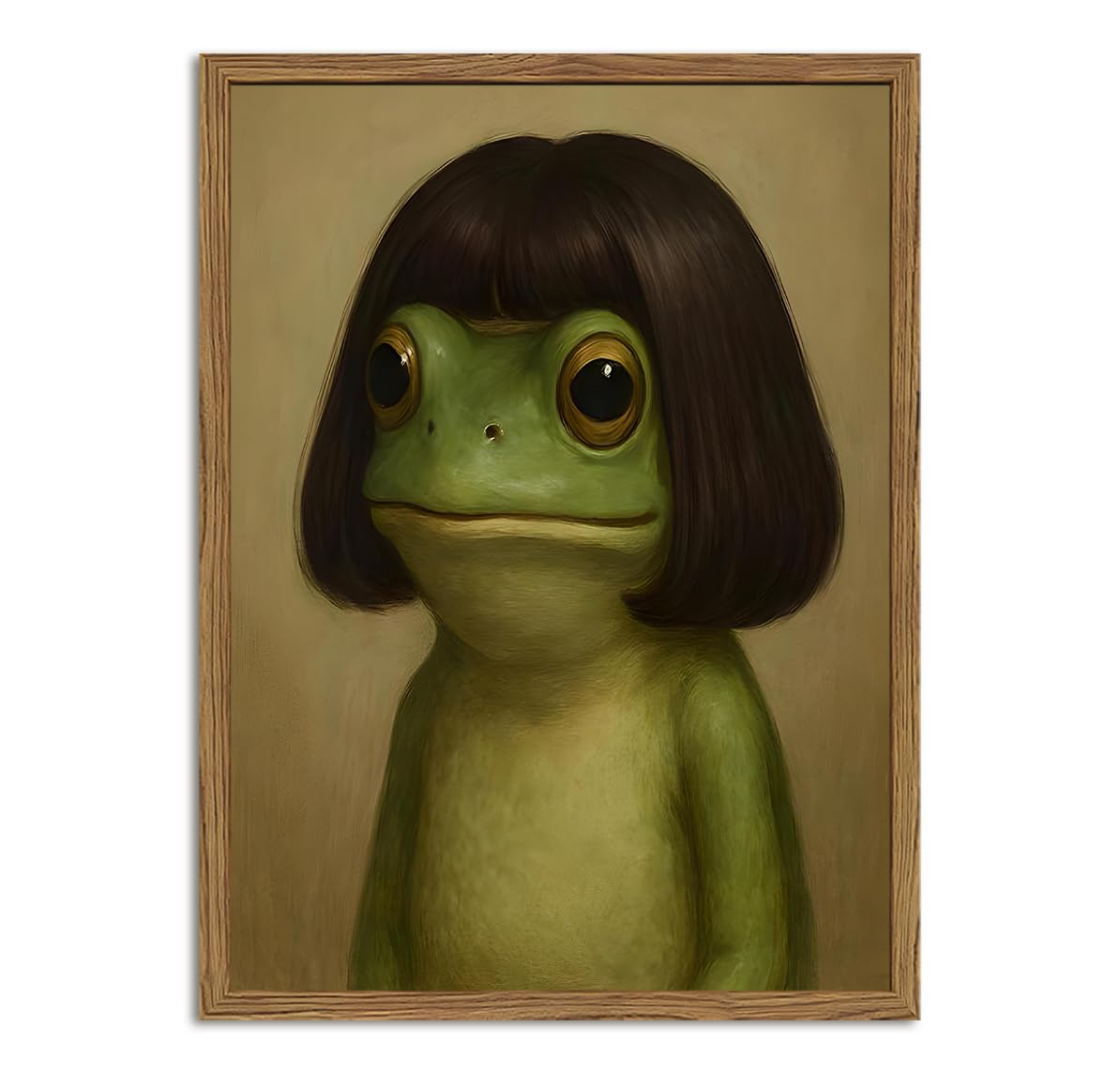 Funny Frog Wall Art, Whimsical Green Frog Wall Decor Painting Cute Animal Poster Canvas Prints Artwork for Living Room Bedroom Bathroom 12x16 inch Wood Framed