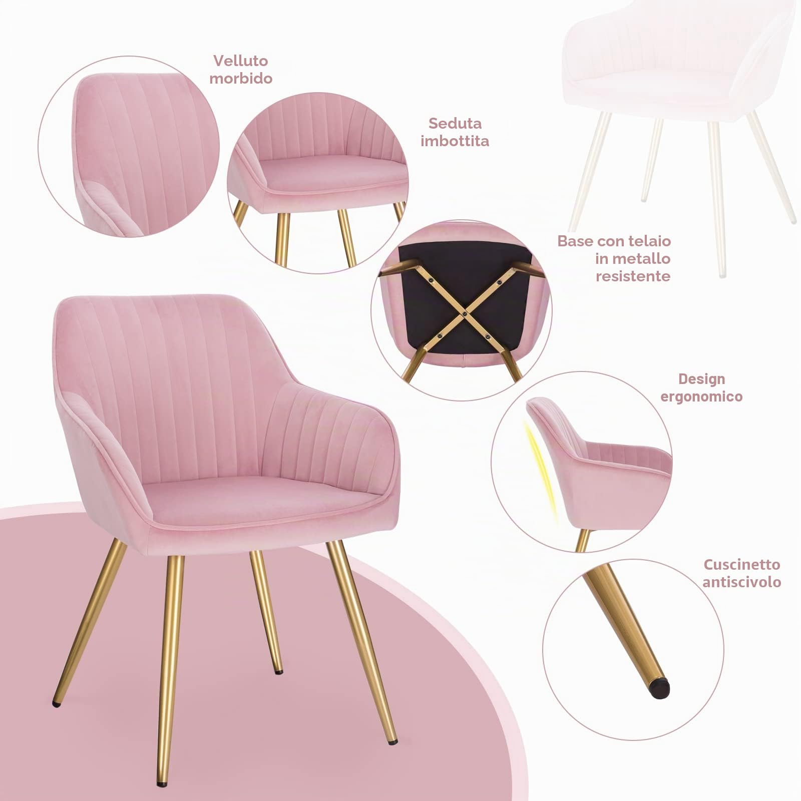Lestarain 2 X Sedia Poltroncina da Sala Pranzo, Sedie Moderne da Cucina con Schienale e Braccioli, in Velluto, per Camera da Letto Soggiorno, Gambe Metalliche d'Oro Rosa