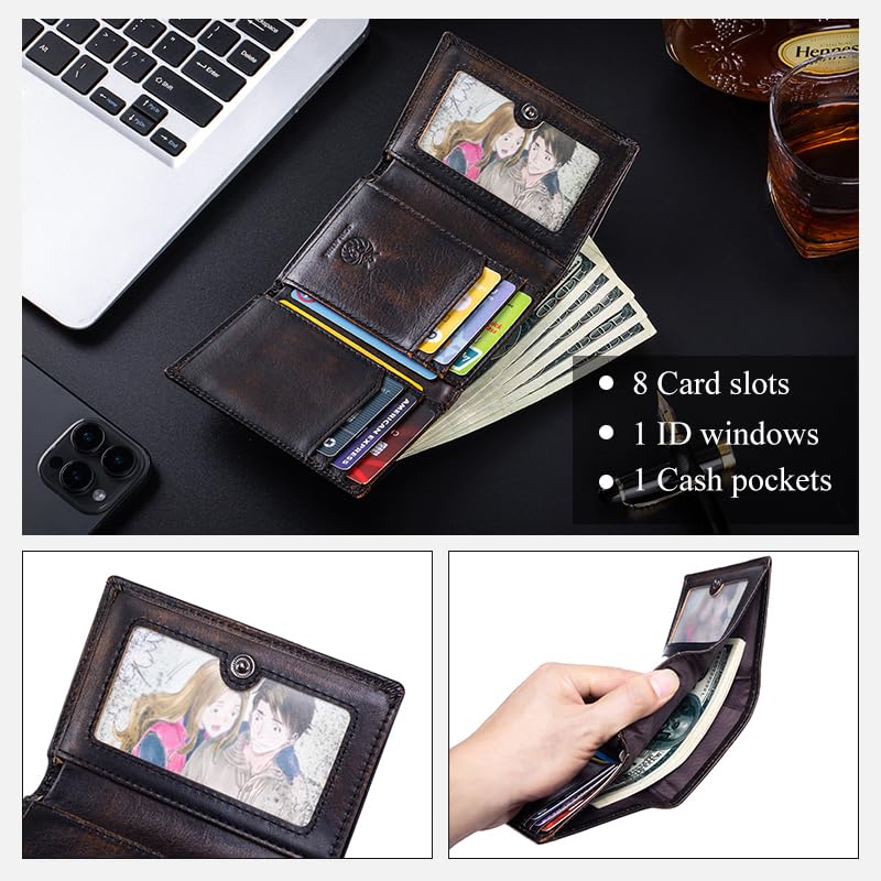 Image of Trifold Wallets for Men RFID Blocking Full Grain Leather Short Mens Wallet with Snap Closure, 8 Card Slots, Clear ID Window, Vintage