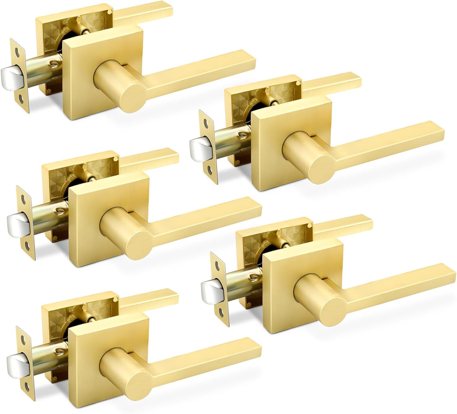 5 Pack Satin Brass Door Handle, Passage Door Handles Interior, Modern Gold Door Handles Keyless Door Levers for Hallway or Closet, Left or Right Handing