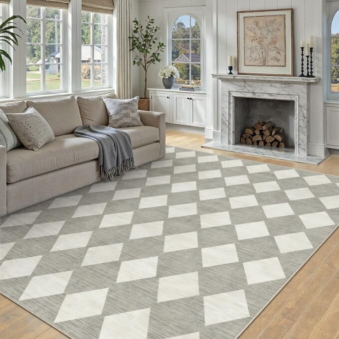 8x10 Checkered Area Rugs for Living Room Grey Machine Washable Large Rug Non-Slip Stain Resistant Low Pile Boho Accent Indoor Throw Carpet for Bedroom Dining Room Home Aesthetic Decor - Image 3