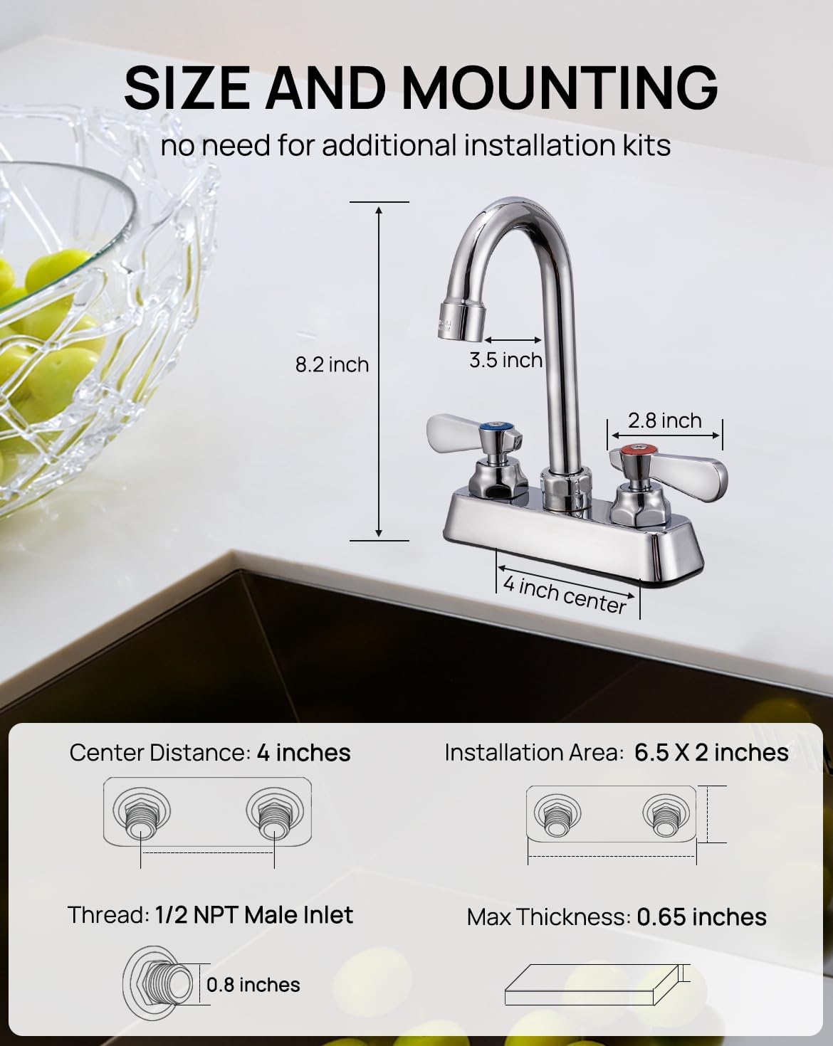 Leak-Free Commercial Sink Faucet 4 inch Center 2 Hole, Commercial Handwash Sink Faucet 3-1/2" Gooseneck Deck Mount, Laundry Tub Utility rv Bar Sink, Brass - Image 6