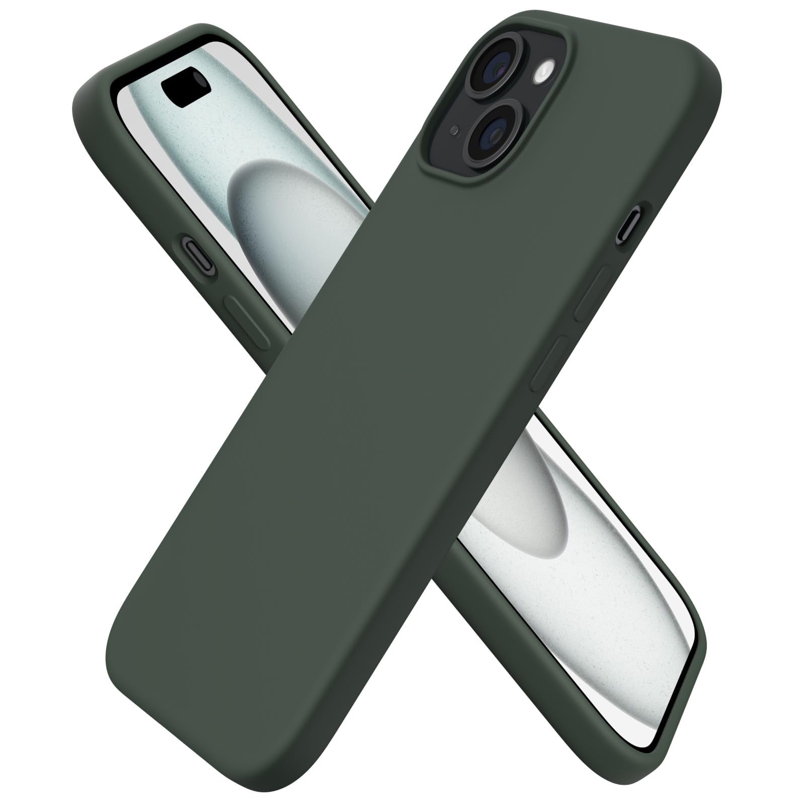 Photo 1 of ORNARTO Compatible with iPhone 15 Case 6.1, Slim Liquid Silicone 3 Layers Full Covered Soft Gel Rubber Phone Case, Anti-Scratch Shockproof Protective Cover 6.1 Inch, Dark Moss