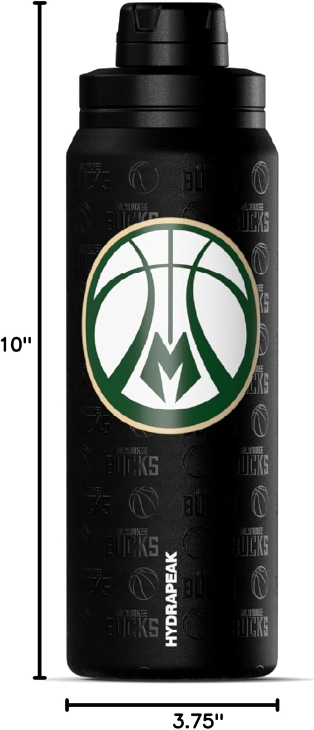 Hydrapeak x NBA Officially Licensed Milwaukee Bucks 26 oz Active Water Bottle with Chug Lid and Handle Reusable Stainless Steel Double Wall Insulated Sports Gift