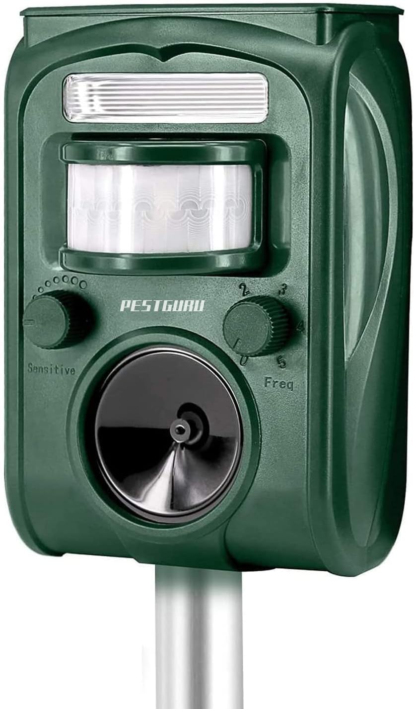 Solar Animal Repeller, 2022 Ultrasonic Mole Repellent, Rat, Squirrel, Deer, Raccoon, Skunk, Rabbit, Mole, Dog, Cat, Waterproof with Motion Detector, USB Rechargeable, Flashing Light (Green)