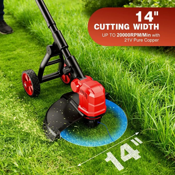 Image of 21V Electric Weed Wacker with 2 X 3.0Ah Battery and Charger, String Trimmer Weed Eater with 14 inch Cutting Width, Lawn Edger for Lawn, Garden, Yard(8Pcs Spool Line)