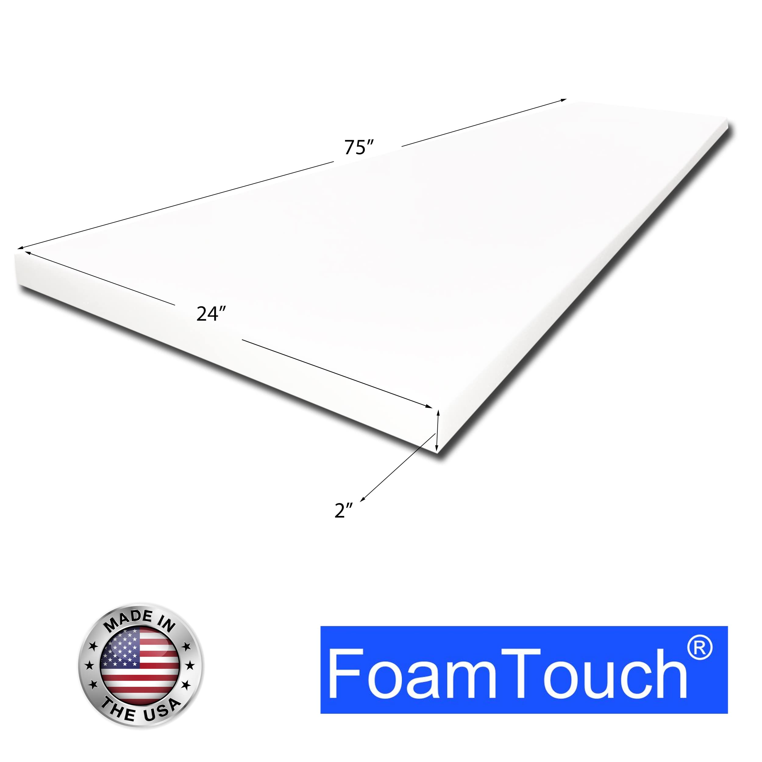 FoamTouch Upholstery Foam Cushion High Density 2'' Height x 24'' Width x 75'' Length