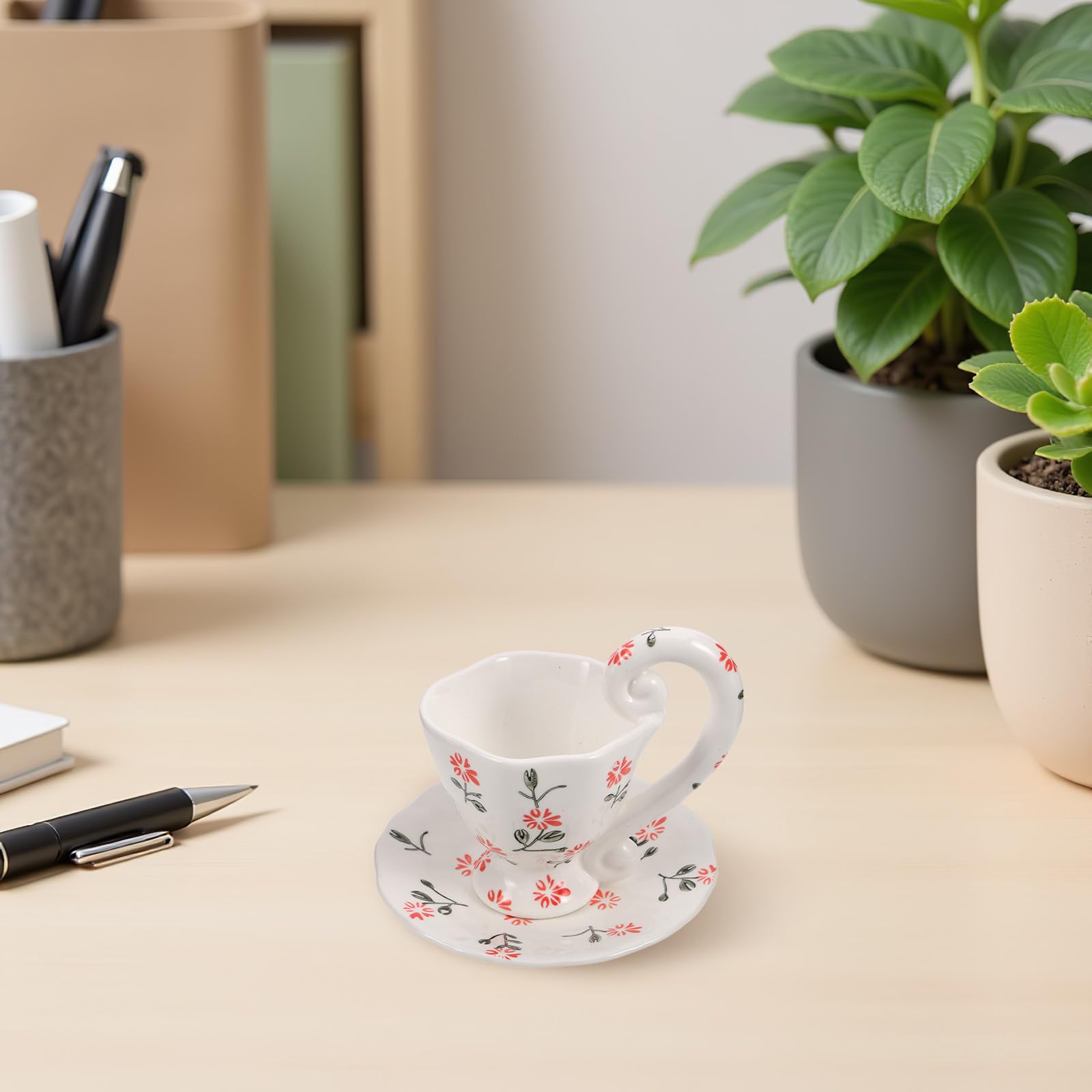 Ensemble de 1 tasse et soucoupe en céramique - Mug à café floral de 200 ml avec anse pour expresso - Tasses et assiettes en porcelaine artisanale pour une fête d'anniversaire