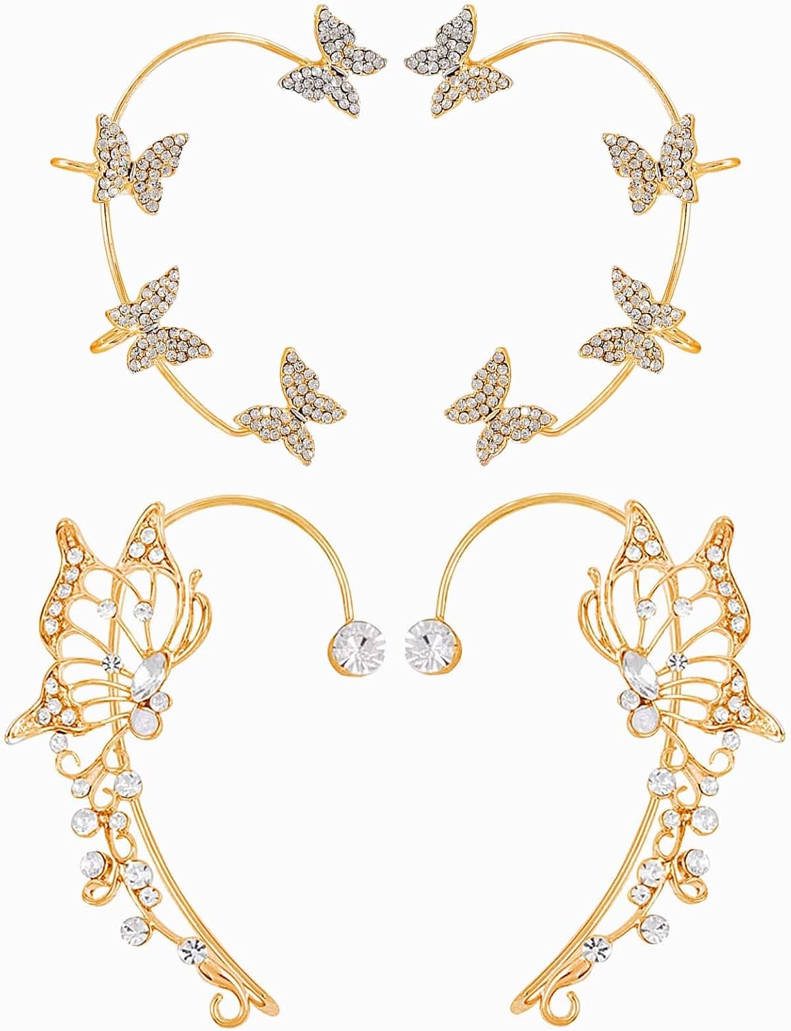 2Pcs Rhinestone Butterfly Earrings Ear Cuffs Non-Pierced Fake Earrings Butterfly Climber Wrap Around Earring Dainty Adjustable Ear Clip Jewelry for Women