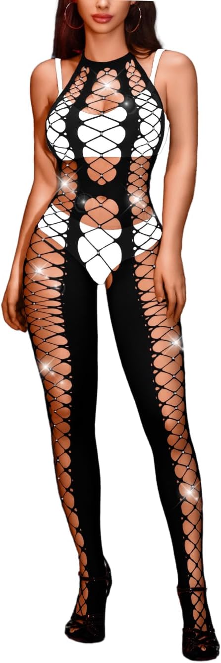 EHSUYAB Bodystocking Lingerie For Women Sheer Cut Out, Halter Backless Fishnet Bodysuit, Rhinestone Sexy Dancer Rave Outfits