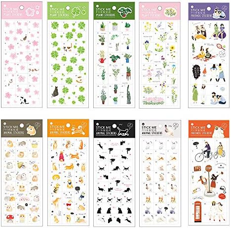 Stationery Sticker Set (10 Sheets) Kawaii Animal Succulent Potted Plant Cat Sakura Clover Hamster Shiba Inu Rabbit Bunny Floral Scrapbooking Planner Journal Diary Decorative DIY Craft Label (A)