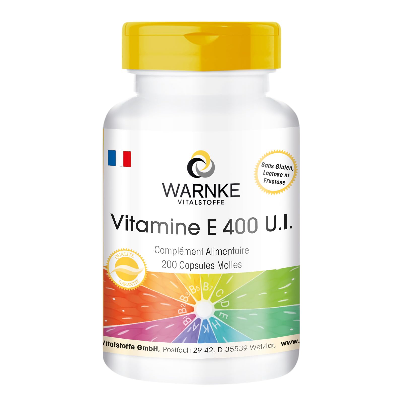 Vitamine E 400 U.I. - 200 softgels pour 200 jours, antioxydant, emballage en gros | Warnke Vitalstoffe - Qualité des pharmacies allemandes