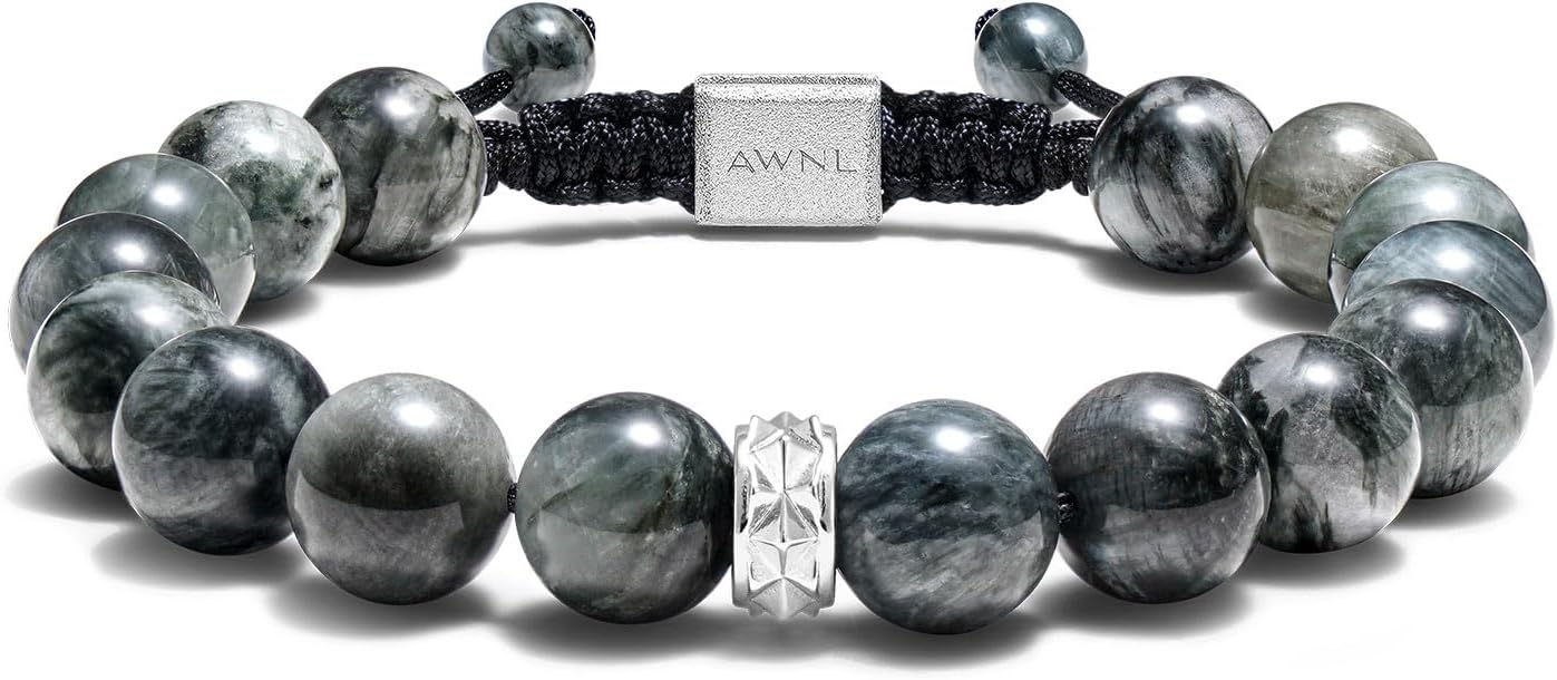 AWNL Hawk's Eye Charoite Beaded Bracelet for Men Sterling Silver Charm Adjustable Braided Protection Bracelet (10mm) Natural Gemstones Gift for Men, 6.1''-7.5''