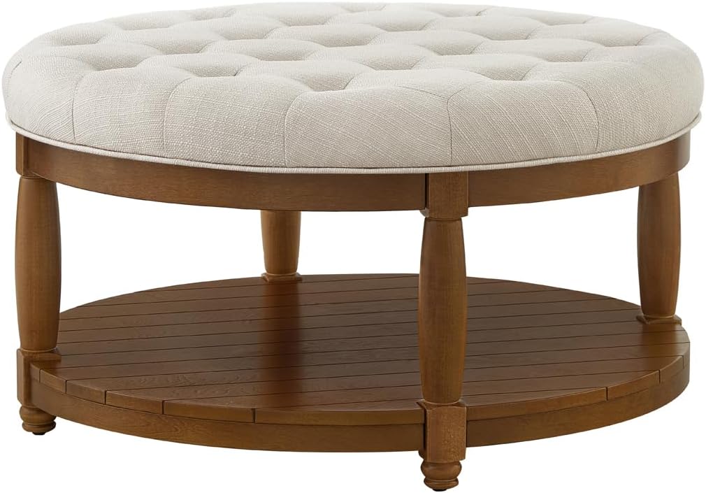 24KF Upholstered Round Coffee Table with Wooden Shelf, Tufted Button Large Round Ottoman with Spindle Wooden Legs, Linen Large Footrest Ottoman Pouf for Living Room, Ivory
