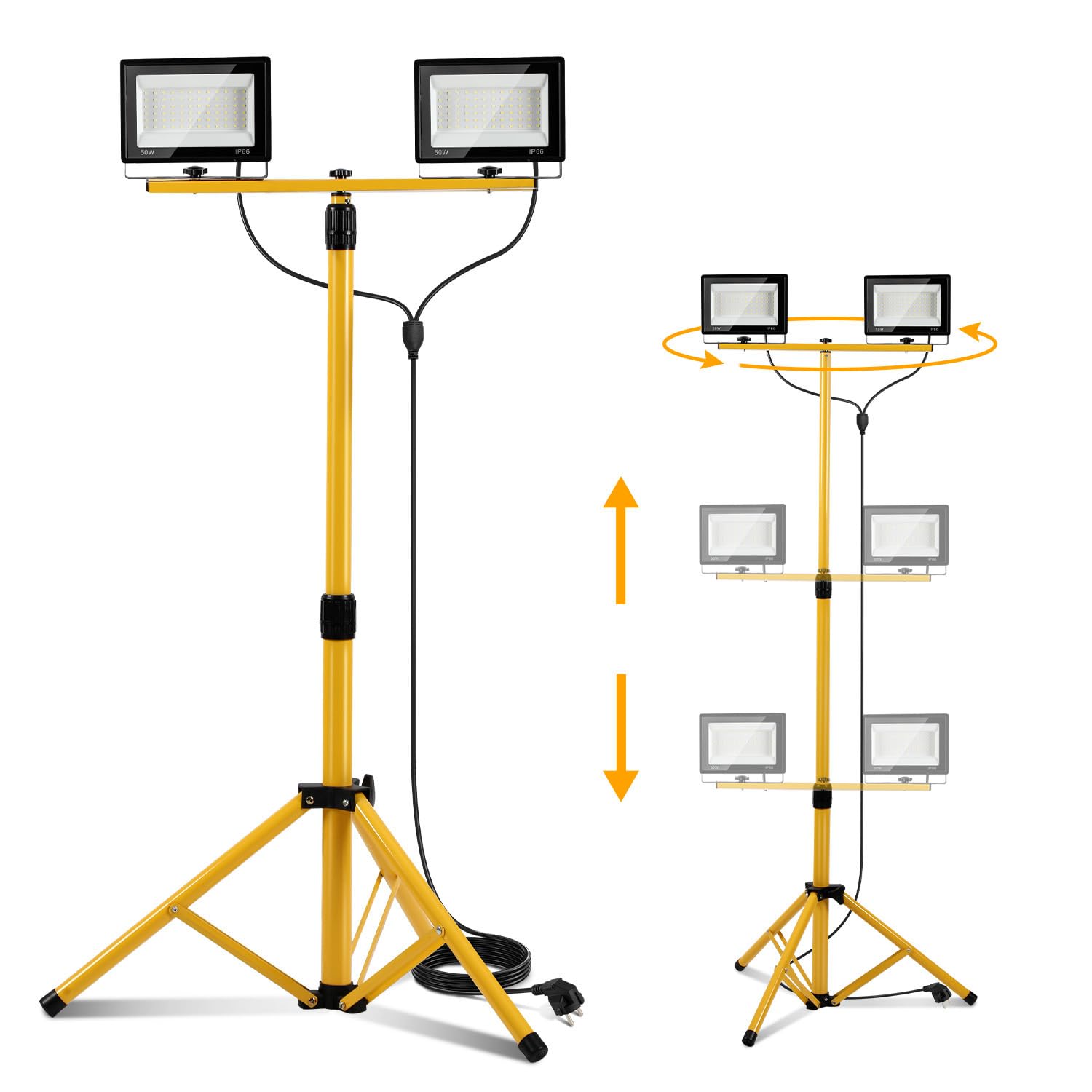 Projecteur de chantier ISOISL avec trépied 2x50W, projecteur LED 2x5000 lumens, télescopique réglable à 1,60 m, rotation à 360°, câble de 300 cm, IP66 pour garage, atelier, chantier, blanc froid