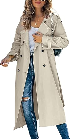 Loalirando Women Casual Long Trench Windproof Coat with Belt Solid Colour Double-Breasted Lapel Collar Windbreaker Jacket Spring Autumn Coat S-2XL