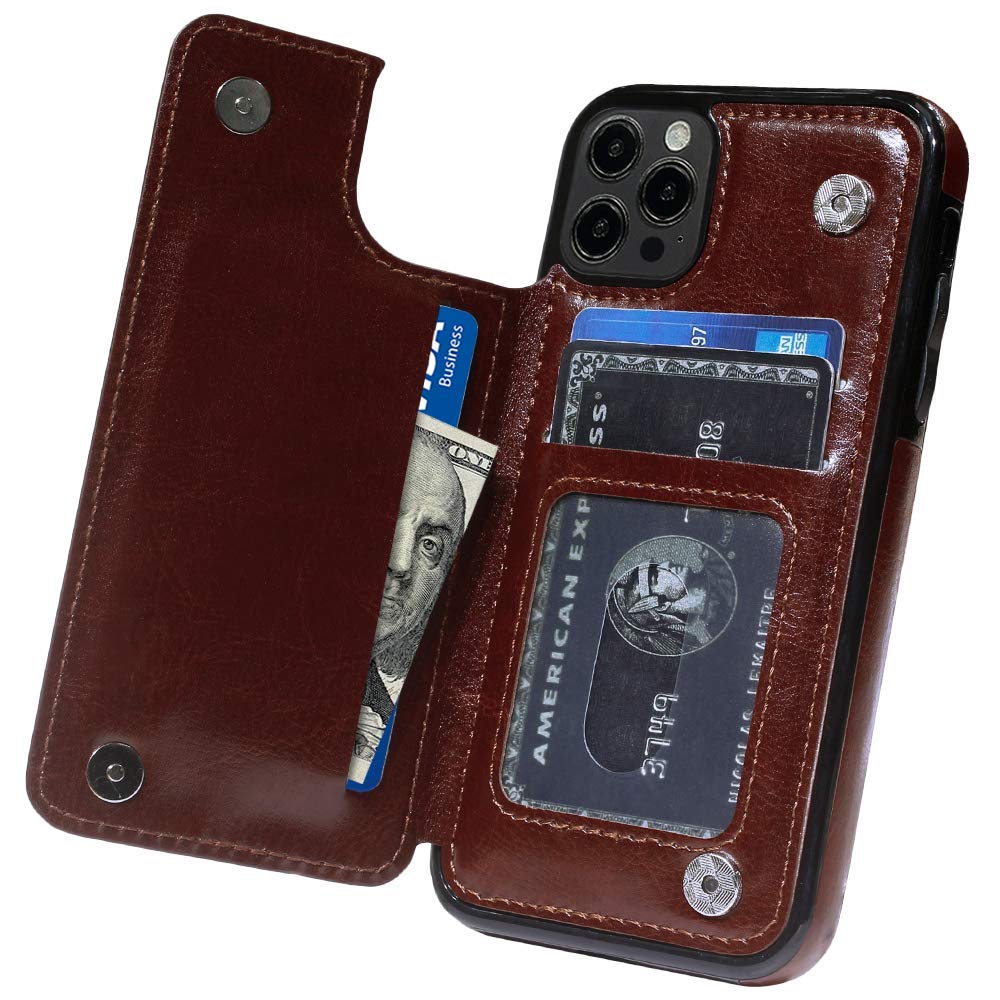 MIDOLA Wallet Case for iPhone 12/12 Pro 12P with Card Holder Cover Flip Cell Phone Money Clip Premium PU Leather Kickstand Card Slots Double Magnetic Shockproof Slim Protective Purse 6.1 Inch Brown