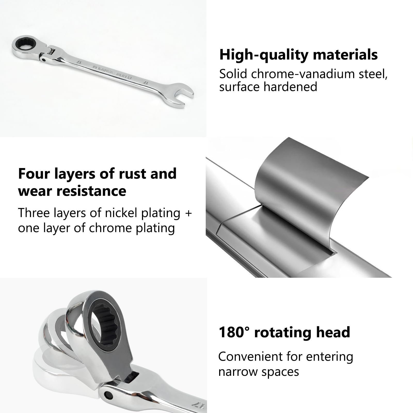 6PCS Flexible Head Ratchet Spanner Set, Metric 8-17mm Combination Wrenches with 180° Flex Head & 72-Tooth Ratchet - Image 3